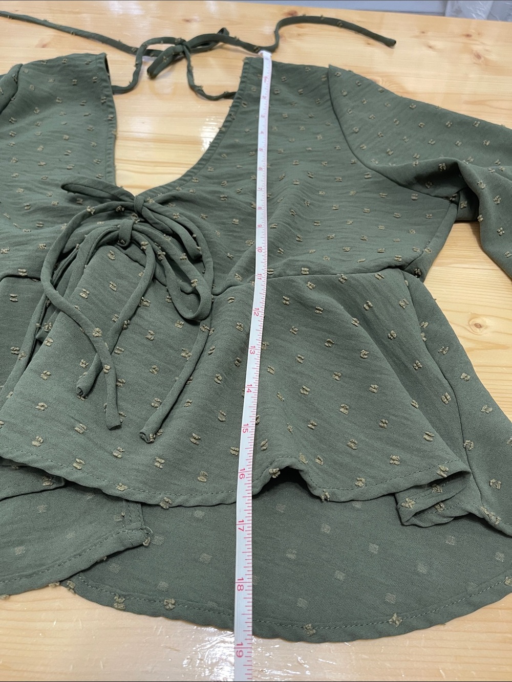 Altar’d State Swiss Dot Tie Front CropTop Bell Sleeve olive green Y2K babydoll M - Picture 11 of 16